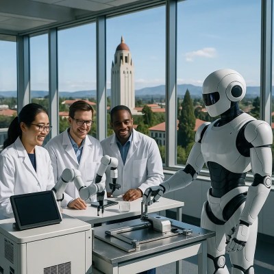Top-tier, fully equipped laboratory with scientists, a robotic device with two arms, and a robot, featuring a stunning daytime view of Stanford University, Palo Alto, USA. The scientists examine the robot’s arm near a metal structure on a table, smiling at its performance. The team is dedicated to exploring the link between human mental health and human DNA.