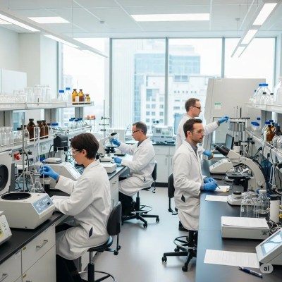 Top-tier, fully equipped laboratory with scientists working, overlooking a city skyline with a few buildings. This team investigates the connection between human DNA and mental wellness, emphasizing the vital role of sleep in restoring cognitive function, emotional balance, and overall physical health. Their research explores how sleep affects human gene expression, supports immune function, and contributes to long-term mental and physical well-being.