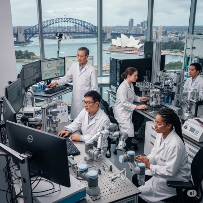 Next-generation, fully equipped research center with scientists and robotic devices, including some with robotic arms, featuring a stunning daytime view of Sydney, Australia, including the Sydney Harbour Bridge, Sydney Opera House, buildings, and boats. A robotic arm is connected to other arms via two thin black-and-white structures with rigid material, giving the impression that the arm is floating. The team conducts advanced research on the relationship between mental health and human DNA, exploring the connection between mind and body.