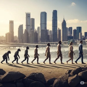 Human evolution advancing toward a very modern city with varied buildings and bridges, illustrating the connection between evolution, health, and innovation, representing the unlocking of secrets to a better life. 