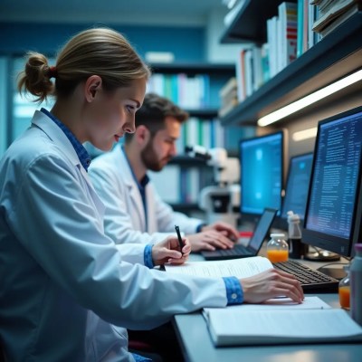 Scientists in a ultra-modern laboratory analyzing data on tablets, with books, flasks, and a microscope, researching how to personalize diets using human genetic nutrition.