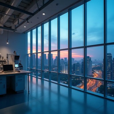 Top-tier, state-of-the-art empty laboratory for intergenerational health research, overlooking a vibrant city at sunset with buildings, greenery, avenue with vehicles, and a distant reservoir.