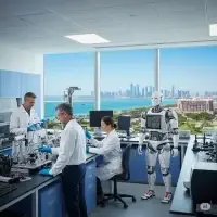 Top tier, cutting-edge and fully equipped laboratory where three scientists wearing blue gloves examine robotic devices, with a robot nearby also engaged in research on how lifestyle choices—such as diet, exercise, and stress control—can help prevent human genetic health risks. The lab features a spectacular view of Abu Dhabi, United Arab Emirates, including the Emirates Palace, the Persian Gulf, and numerous buildings.