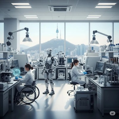 Top-tier, ultra-modern laboratory with scientists, robotic devices, and a robot, featuring a spectacular daytime view of Seoul, South Korea, showcasing numerous buildings, including the Seoul Tower atop the mountain. A scientist in a wheelchair manipulates a hologram, while the team investigates ways to reverse the effects of stress on human DNA.