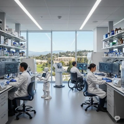 Top-tier, ultra-modern lab with scientists, and a robot featuring an electronic panel on the chest displaying high-impact scientific data, not very visible due to distance, overlooking a spectacular view of UCLA, Los Angeles, USA. This laboratory has ultra-modern instruments and equipment. The scene features a scientist using a wheelchair, emphasizing inclusion in science. This team researches how stress changes human DNA and impacts human health, longevity, and overall well-being.