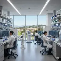 Top-tier, ultra-modern lab with scientists, robotic device and a robot, overlooking a spectacular view of UCLA, Los Angeles, USA. The scene features a scientist using a wheelchair, emphasizing inclusion in science. The team researches how stress changes your DNA and impacts human life.