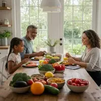A family enjoying a healthy breakfast with fruits, vegetables, juices, and whole foods, showing the role of diet in chronic disease prevention.