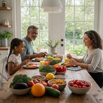 A family enjoying a healthy breakfast with fruits, vegetables, juices, and whole foods, illustrating the role of family diets in preventing chronic diseases.