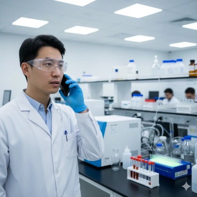 Scientist in a ultra-modern and highly equipped laboratory holding a smartphone, with test tubes and highly advanced instruments and equipment laboratory around, focused on human genetic nutrition research.