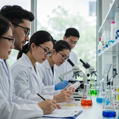 Scientists analyze data among chemical flasks, test tubes, microbiology plates, and microscopes in a top-tier lab studying the reversal of pollution and chemical effects on human DNA.