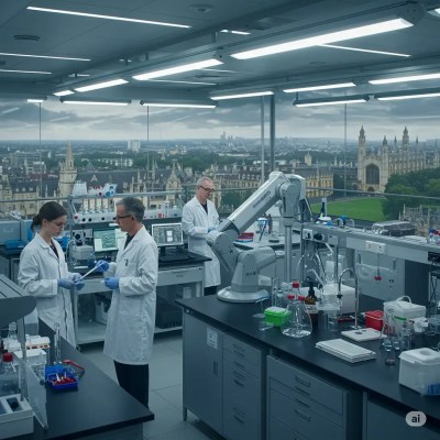 Ultra-modern laboratory in Cambridge, United Kingdom, fully equipped with scientists and a robotic device with a arm. This team studies how sound impacts human DNA, shaping molecular structure, gene expression, and cellular function. Chronic loud noise elevates stress hormones and can damage DNA, while precise frequencies may aid DNA repair and cell regeneration.