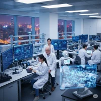 Scientists and a robotic working in an ultra-modern, high-tech laboratory equipped with holographic displays, overlooking the spectacular night skyline of Shenzhen, China, conducting research on DNA-based nutrition to unlock the best diet for your genes.