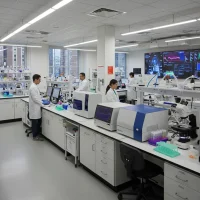 Highly advanced laboratory with scientists, cutting-edge equipment, and a large modern LED panel displaying scientific data and visual analytics.