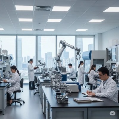 Scientists in a fully equipped laboratory in Beijing, China, with robotic devices, researching DNA-based nutrition for personalized health.