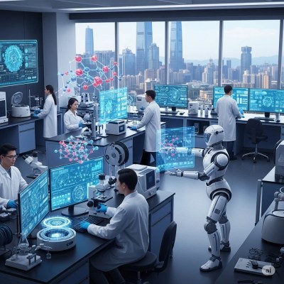 Scientists collaborating in a cutting-edge, fully equipped laboratory in Shenzhen, China, utilizing holograms and robotic technology for research on artificial intelligence and digital health, overlooking a breathtaking urban skyline.