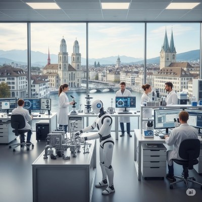 Top-tier laboratory environment in Zurich, Switzerland, fully equipped for highly advanced applications, where scientists and a robot investigate the possibility of human physical immortality, exploring both the promise and the fear of eternal life.