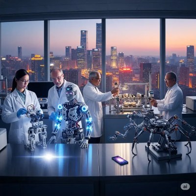 Scientists examining robots and robotic devices in a top-tier, ultra-modern laboratory in Shenzhen, China, with a late afternoon view, researching the next steps for the future of gene editing.
