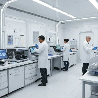 Top-tier, state-of-the-art laboratory with cutting-edge robotic devices and scientists deeply engaged in advanced human genetic research on mental health and stress, exploring how DNA influences susceptibility to anxiety and depression to develop personalized mental wellness solutions.