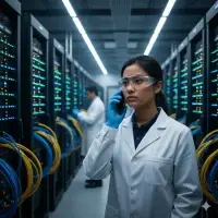 At the epicenter of digital health, a scientist is utilizing the advanced infrastructure of Artificial Intelligence to analyze large volumes of data, accelerating crucial scientific research to improve human longevity and quality of life. She wears blue gloves and lab glasses, holding a cellphone in her right hand, most likely listening to someone speaking to her or waiting for the call to be activated. She occupies the prominent position at the center of the image. Behind her, another scientist, also wearing blue gloves, operates one of the cutting-edge devices, including Big Data tools, AI, and sophisticated devices designed for processing next-generation data, essential for analyzing critical internet information. The surrounding environment is filled with state-of-the-art technology, representing an innovative research center dedicated to digital health and transforming healthcare, enabling rapid and impactful scientific discoveries. These advances are set to significantly improve human quality of life and drastically increase human lifespan in a continuous and growing manner across the globe.