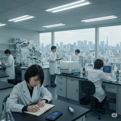 Very sophisticated, fully equipped laboratory in Tokyo, Japan, featuring a scientist taking notes near a smartphone and a chemical flask, alongside other scientists and robotic devices. The team researches mitochondria and human longevity, focusing on metabolism, energy regulation, and cellular health to uncover strategies for enhancing vitality, preventing age-related decline, and promoting overall well-being.