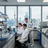 Top-tier laboratory, fully equipped with scientists and a robot, offering a spectacular view of Shanghai’s skyline with landmarks like the Oriental Pearl Tower and Shanghai Tower, China, focusing on the connection between human DNA and fitness to create personalized workout plans for better performance.