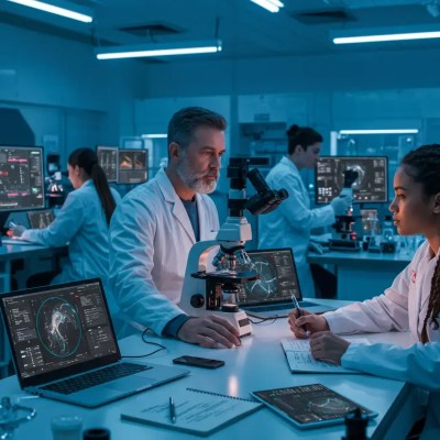Top-tier laboratory with laptops and microscopes, scientists taking notes and using microscopes, studying the limitations of human DNA testing in DNA horoscopes.