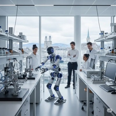 Scientists and a person analyzing a robot in a highly advanced lab with a spectacular view of University of Zurich, Zurich, Switzerland, researching DNA-based nutrition and its role in reducing chronic disease risk.