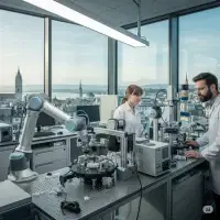 Ultra-modern lab, very well equipped, with scientists and robotic devices, featuring a stunning view of ETH Zurich and the nearby Limmat River, Zurich, Switzerland, researching how DNA testing can improve health and extend human longevity — highlighting the significant scientific challenges in longevity research.