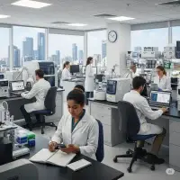 Ultra-modern, fully equipped lab with scientists researching mitochondria and health optimization, overlooking a spectacular view of Tel Aviv, Israel.