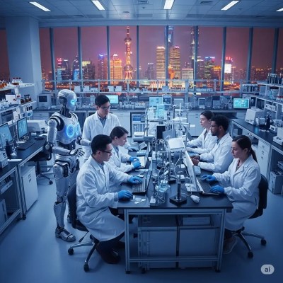 A state-of-the-art, fully equipped scientific laboratory at night, with a stunning view of Shanghai, China. Scientists are working with a robot on research related to human evolution, health, technology, and healthy lifestyle.
