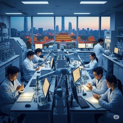 Scientists and robotic devices in a high-tech laboratory with a sunset view over Beijing, China, studying human DNA and how human genes influence health, while observing notes on tablets and smartphones.