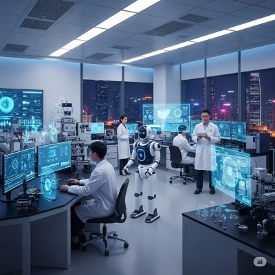 Ultra-modern lab, fully equipped with holographic displays, robotic devices, and scientists overlooking the stunning night skyline of Shenzhen, China, focused on researching human DNA testing and personalized health solutions tailored to genetics.