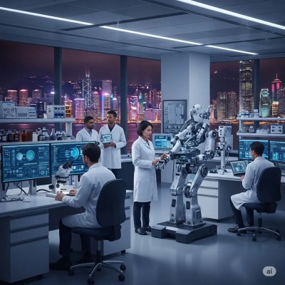 Top-tier and very well-equipped lab with scientists, where a robot—still in its development phase and not yet fully complete—is being examined by a scientist against a spectacular nighttime view of Hong Kong, China. The team is conducting highly innovative research on how human DNA becomes damaged and exploring how healthy lifestyle habits can help prevent such damage.
