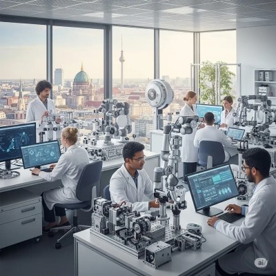 Ultra-modern laboratory in Berlin, Germany, with scientists and robotic devices studying human DNA and human genetics and lifestyle, overlooking the Berlin TV Tower and Berlin Cathedral.