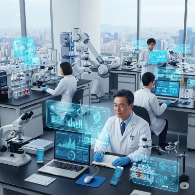Ultra-modern, fully equipped lab in Chengdu, China, where scientists utilize holograms and a robotic device with arms to study mitochondria and metabolism, revealing key insights into human longevity. Healthy mitochondria efficiently convert nutrients into energy, promoting vitality, balanced metabolism, and overall well-being.