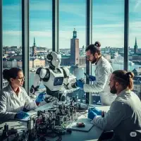 Scientists working with a robot in a highly advanced, very well-equipped laboratory overlooking a stunning view of Stockholm, Sweden, investigating how human DNA and human genetics affect nutrition and food preferences.