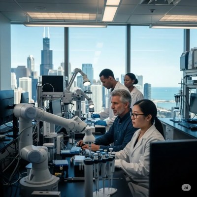 A top-tier and fully equipped laboratory in Chicago, USA, featuring scientists and robotic devices—including one with an articulated arm—conducting research. The laboratory investigates how human DNA, genetics, and lifestyle factors collectively influence health, wellness, and longevity, all set against a breathtaking view of Chicago’s cityscape and Lake Michigan.