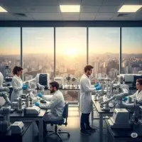 Highly advanced, very well-equipped laboratory with a stunning sunset view in São Paulo, Brazil, where scientists and robotic devices work on studying Genes vs. Lifestyle and their impact on human health and longevity.