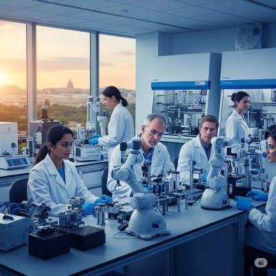 Ultra-modern, fully equipped laboratory featuring scientists and robotic devices, with a spectacular view of Washington, USA, conducting research on how your grandparents’ diet affects you and chronic diseases — specifically focusing on the impact of nutrient deficiency.