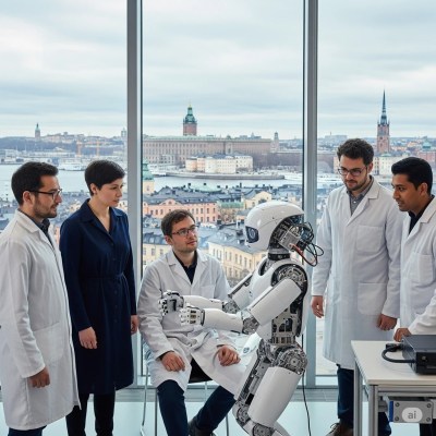 Scientists and a person analyzing a partially assembled robot inside a cutting-edge laboratory with a view of Stockholm, Sweden, researching how pollution affects human DNA.