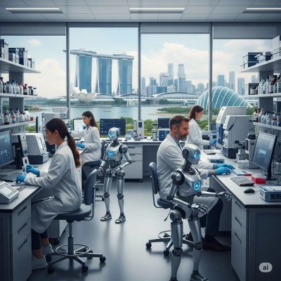 Ultra-modern, fully equipped lab with a stunning view of Marina Bay Sands and other iconic locations in Singapore, featuring scientists and robots researching habits for human longevity—specifically focusing on managing stress the right way for a longer, healthier life.