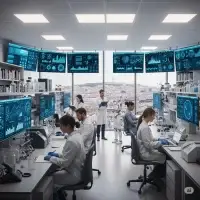 Ultra-modern, fully equipped lab with scientists, LED screens displaying scientific data, and a robot, with a spectacular view of Lisbon, Portugal. The team is studying how pollution and chemicals impact the human DNA and can cause serious health risks.