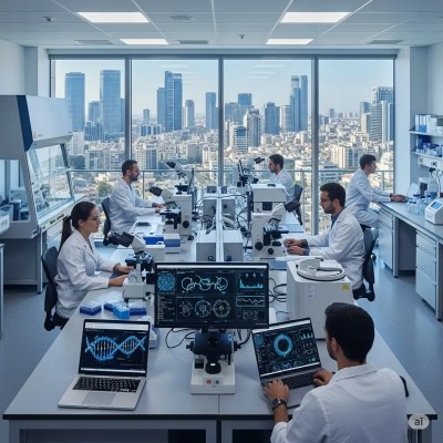 A top-tier, fully equipped laboratory in Tel Aviv, Israel, where scientists research how mitochondria influence human aging, focusing on mitochondrial function, energy production, and cellular health to understand aging mechanisms, prevent cellular damage, and develop strategies to preserve vitality and delay age-related decline. This laboratory offers a spectacular daytime city view, showcasing numerous buildings and urban constructions.