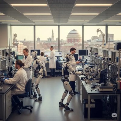 Scientists and robotic devices in a state-of-the-art laboratory overlooking Harvard University, Cambridge, USA, researching human gene editing for advanced treatment of genetic diseases.