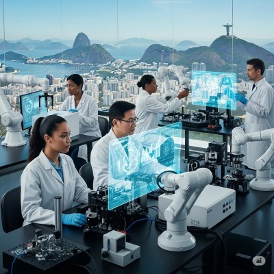 Top-tier ultra-modern, very well-equipped lab with scientists, holograms, and robotic devices, featuring a spectacular view of Rio de Janeiro, Brazil, with Christ the Redeemer located at the top of Corcovado Mountain — illustrating DNA protection through human healthy habits as a key to a better life.