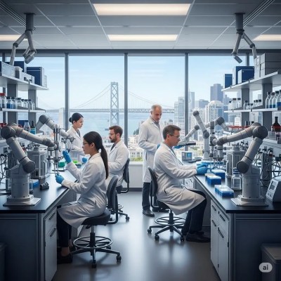 Ultra-modern, fully equipped lab with scientists and robotic devices, overlooking a spectacular view of the Bay Bridge and San Francisco, USA, researching genetics and chronic diseases.