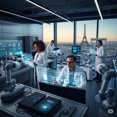 Scientists work in a top-tier laboratory with holograms and robotic devices, overlooking the Eiffel Tower, FRrance. They study Genetic Superfoods, exploring how individual DNA and genetics influence nutrition, metabolism, and food preferences, enabling personalized diets for optimal health and long-term well-being.