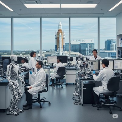 Scientists and robots working in a fully equipped, ultra-modern scientific laboratory, researching the Science of Human Immortality, with an amazing view of a rocket on the launchpad and nearby very high-tech facilities, including SpaceX and others likely related to NASA.