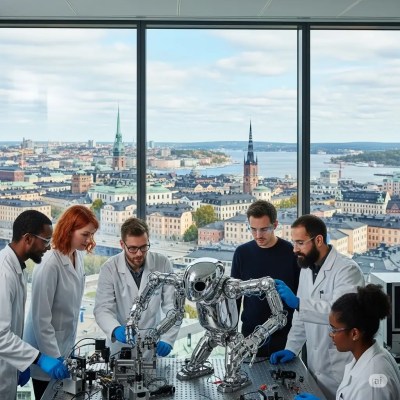 Scientists and a person analyzing a robot in a highly advanced laboratory with a spectacular view of Stockholm, Sweden, working in monitoring health and making changes based on DNA-based nutrition to better understand genetics’ influence on nutrition.