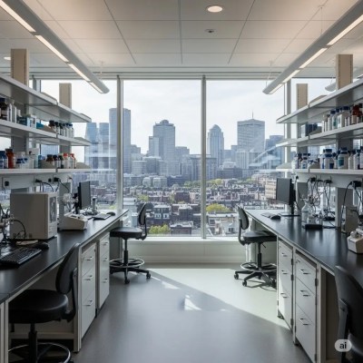 Leading-edge empty laboratory in Boston, Massachusetts, USA. The high-tech space highlights the potential for groundbreaking research on how vibrations can negatively affect human DNA.